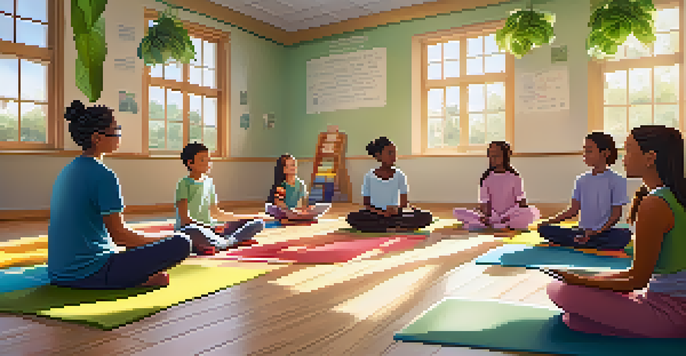 A peaceful classroom with students meditating on colorful mats, guided by a teacher, illuminated by sunlight.