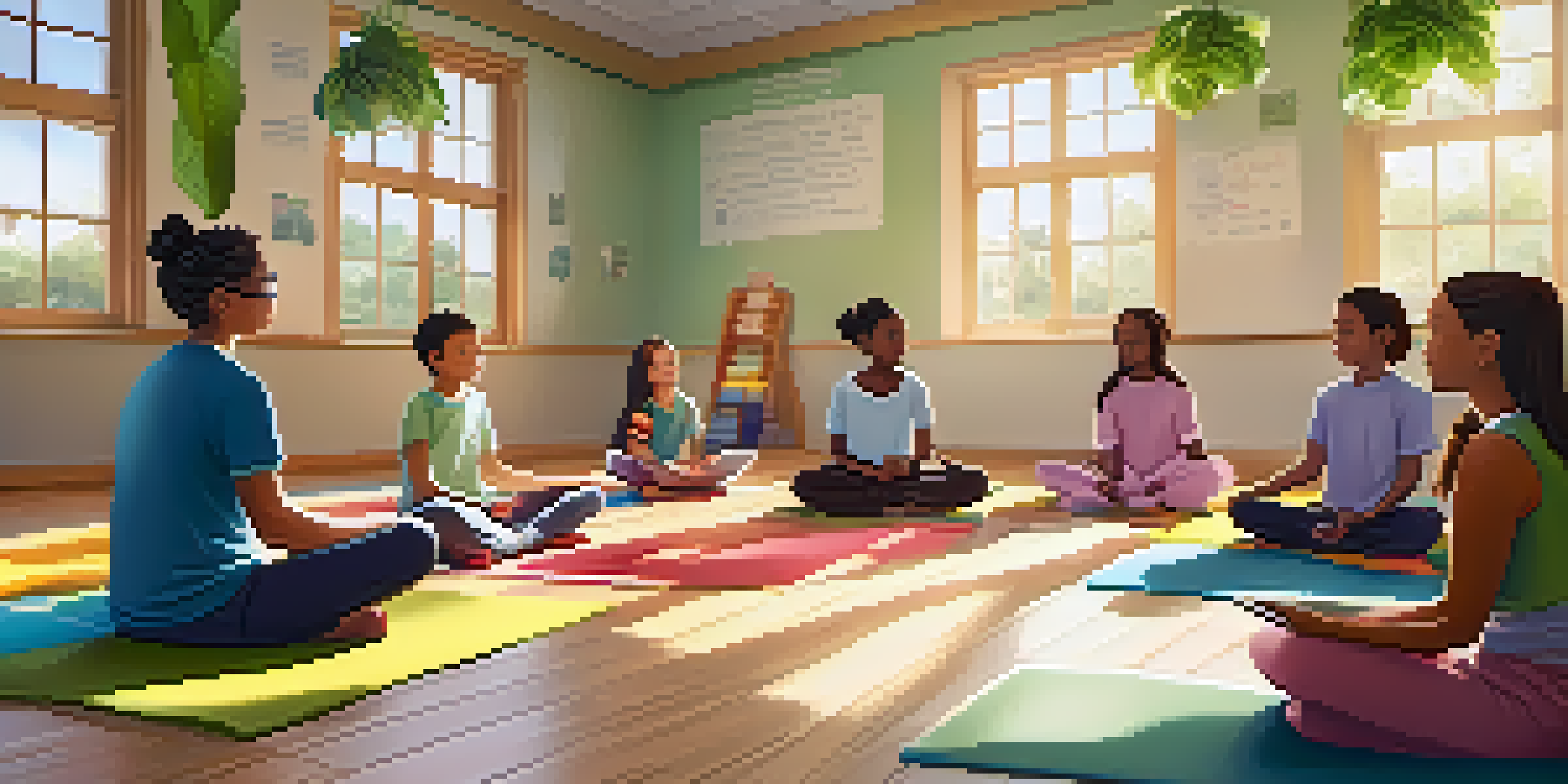 A peaceful classroom with students meditating on colorful mats, guided by a teacher, illuminated by sunlight.