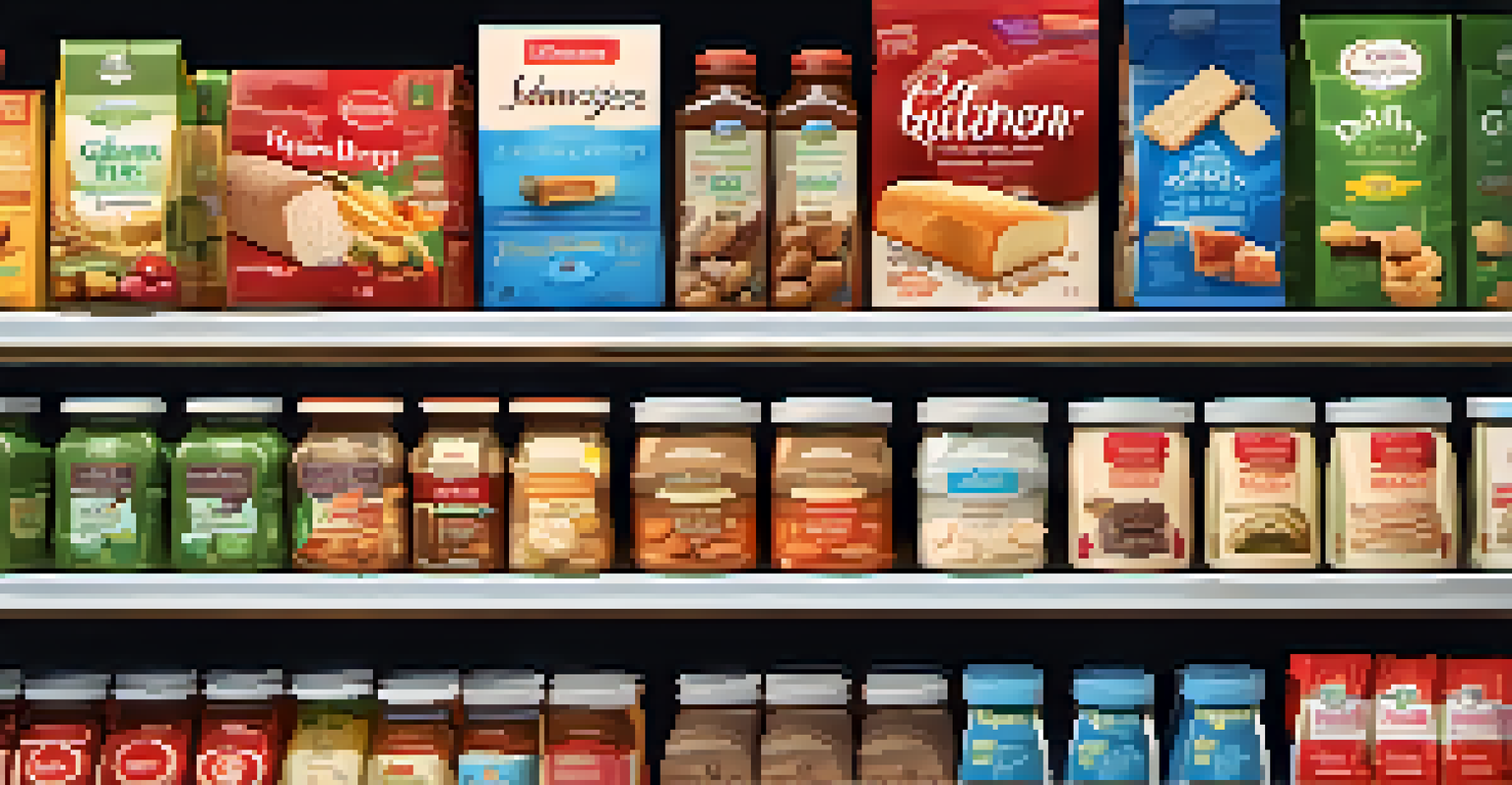 A grocery store shelf showcasing various food products with labels indicating gluten-free and dairy-free options, under bright lighting, with a shopping cart in the foreground.