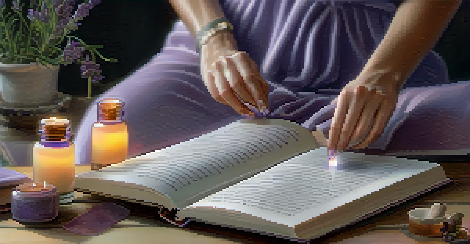 A close-up of hands applying essential oil roller blend with a blurred background of a book and tea, evoking a calming nighttime routine.