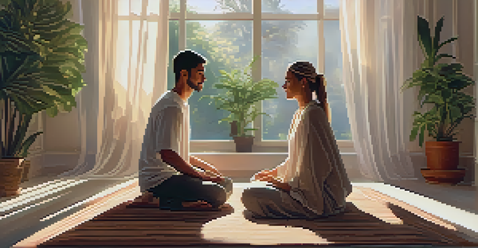 A couple meditating together in a sunlit room, surrounded by plants, wearing comfortable clothing.