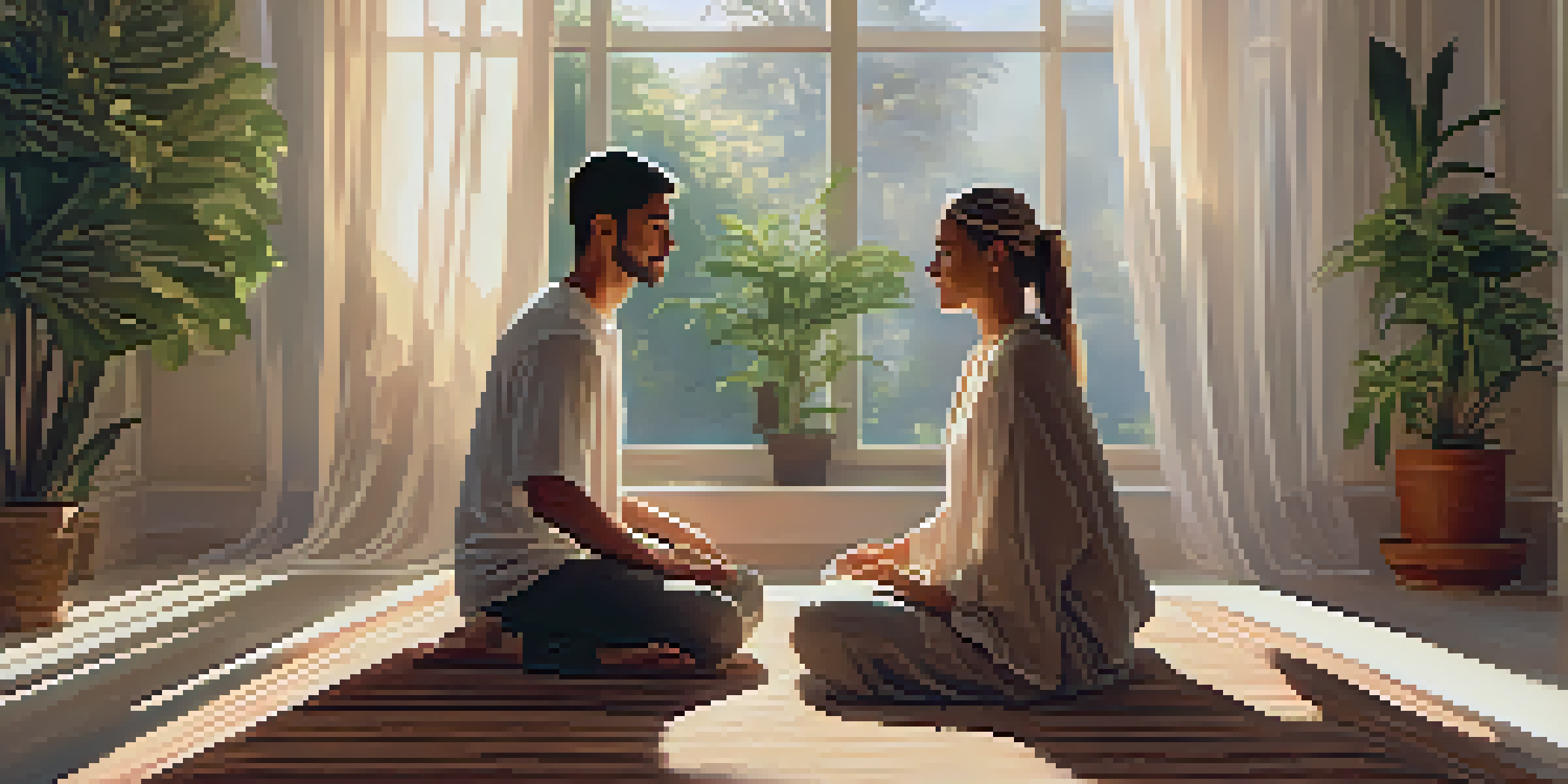 A couple meditating together in a sunlit room, surrounded by plants, wearing comfortable clothing.