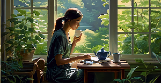 A person enjoying a cup of green tea in a peaceful setting, with plants and soft light creating a relaxing atmosphere.