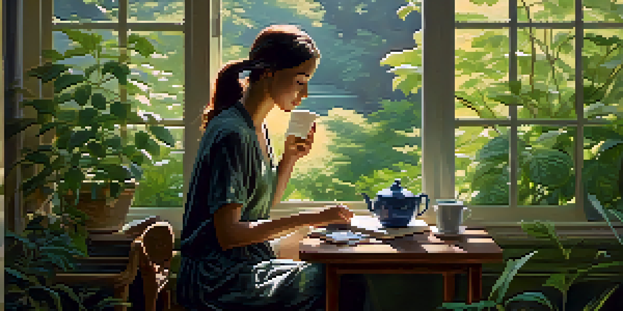 A person enjoying a cup of green tea in a peaceful setting, with plants and soft light creating a relaxing atmosphere.