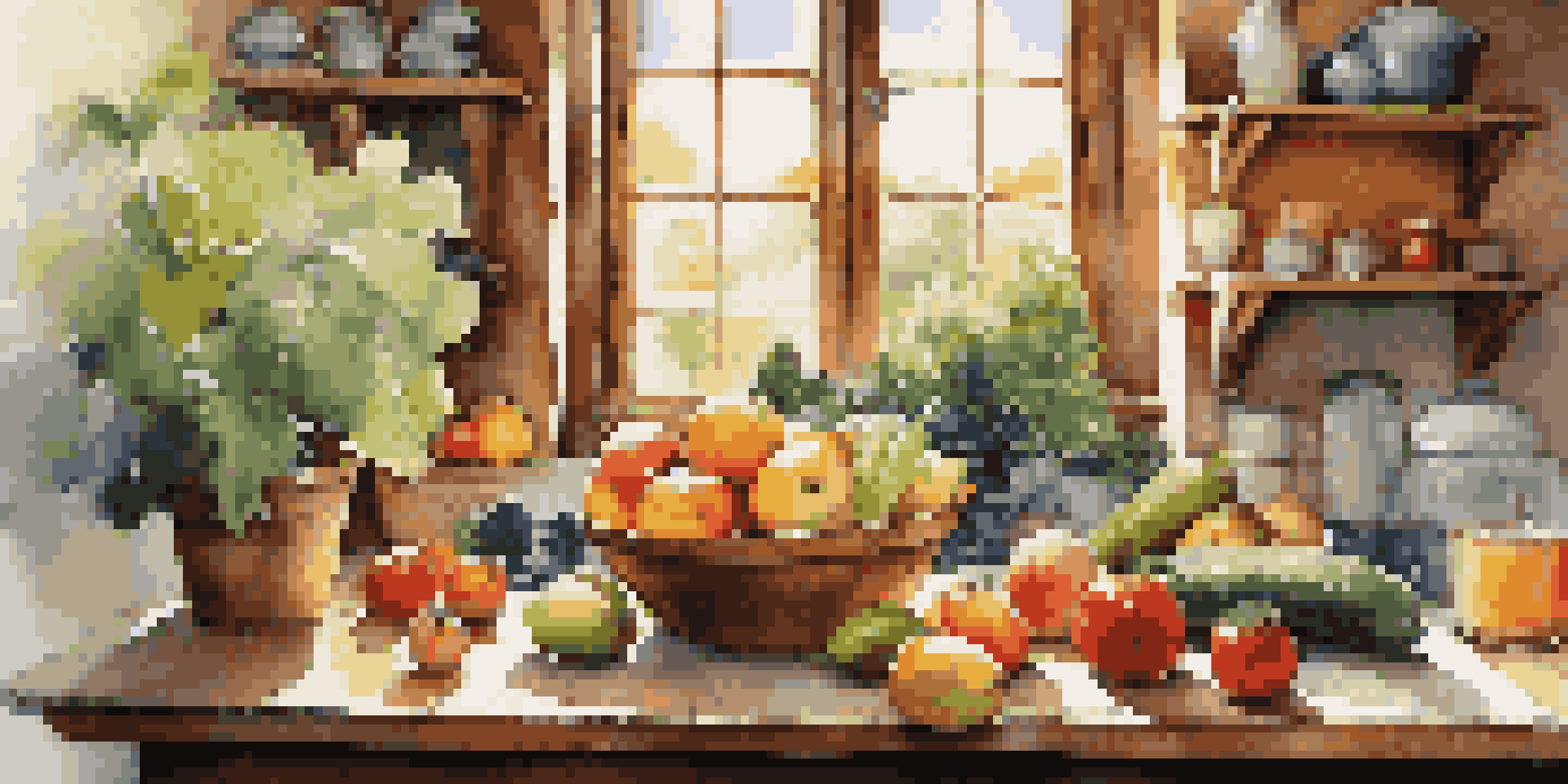 A cozy kitchen with a table filled with fresh fruits and vegetables, sunlight illuminating the scene.