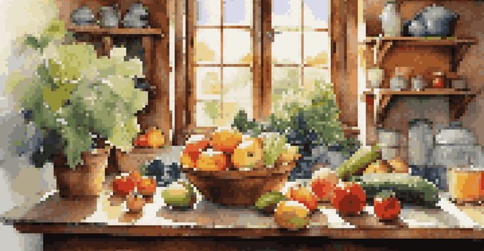 A cozy kitchen with a table filled with fresh fruits and vegetables, sunlight illuminating the scene.