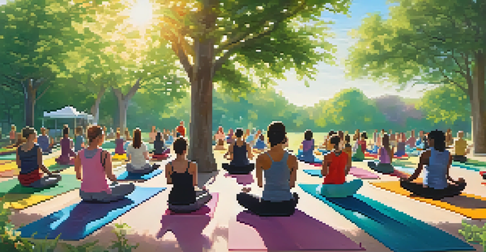 A diverse group of people practicing yoga in a sunny community park, surrounded by greenery and flowers.