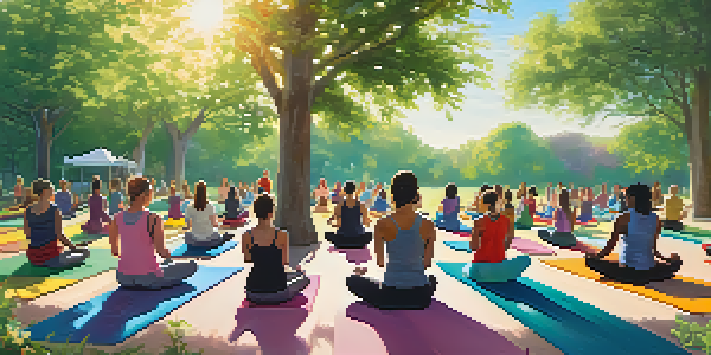 A diverse group of people practicing yoga in a sunny community park, surrounded by greenery and flowers.