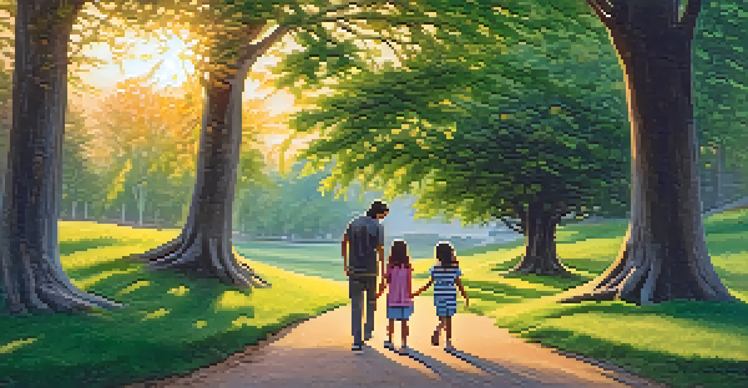 A family walking in a green park during sunset, sharing moments of curiosity and connection.