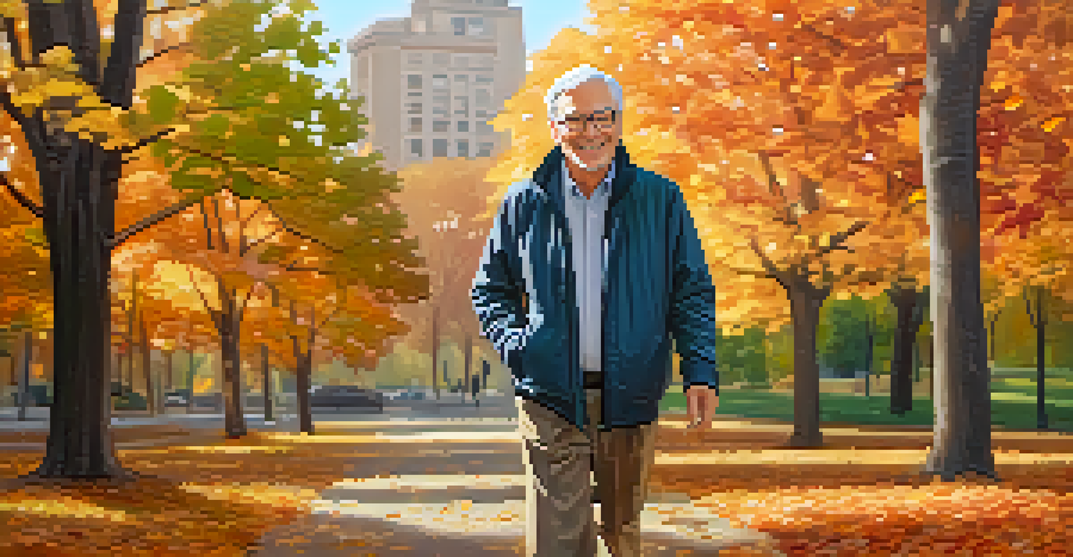 An older man smiling while walking in a colorful autumn park, wearing a fitness tracker and comfortable clothing.