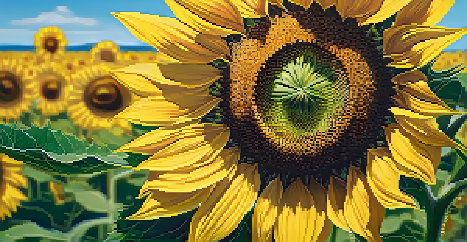 A vibrant sunflower in a field, with bees buzzing around it under a blue sky.