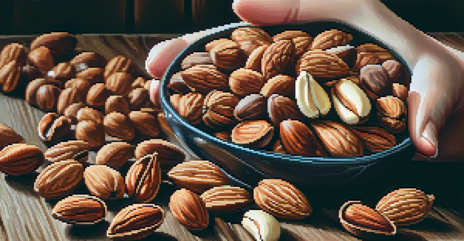 A close-up of a hand holding a handful of mixed nuts against a rustic wooden background, showcasing their textures and healthy oils.