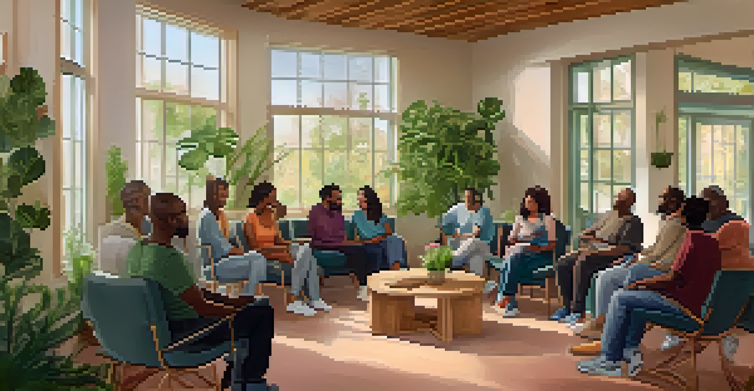 A mental health support group meeting in a cozy setting with participants sharing their experiences in a supportive circle.