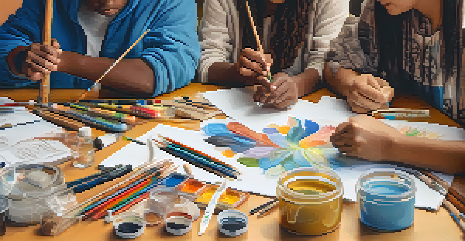 Close-up of diverse hands of different ages and ethnicities coming together over a table filled with supplies for a community project, symbolizing collaboration.
