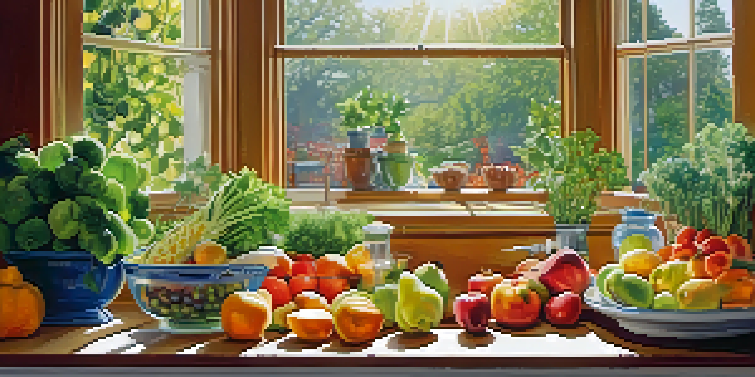 A bright kitchen with a table full of fresh fruits and vegetables, illuminated by sunlight from a window.