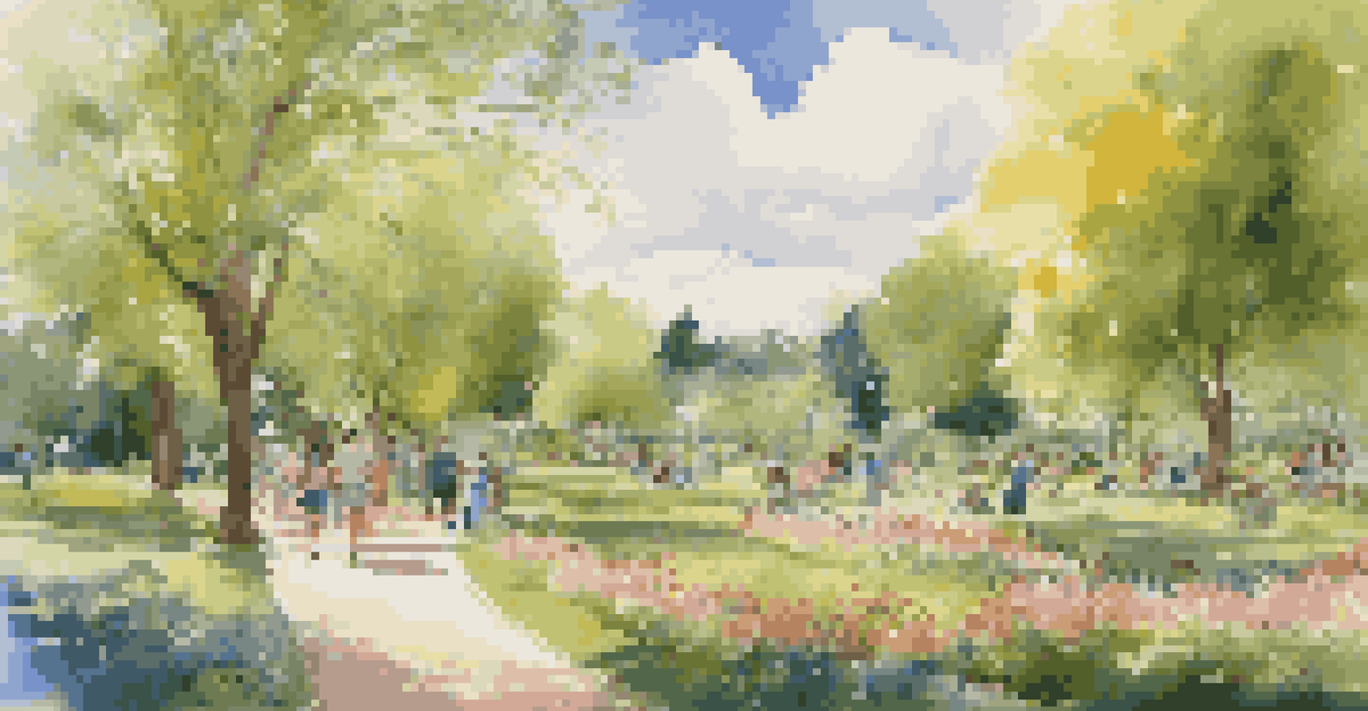 A lively spring park with blooming flowers, people jogging and picnicking under a blue sky.