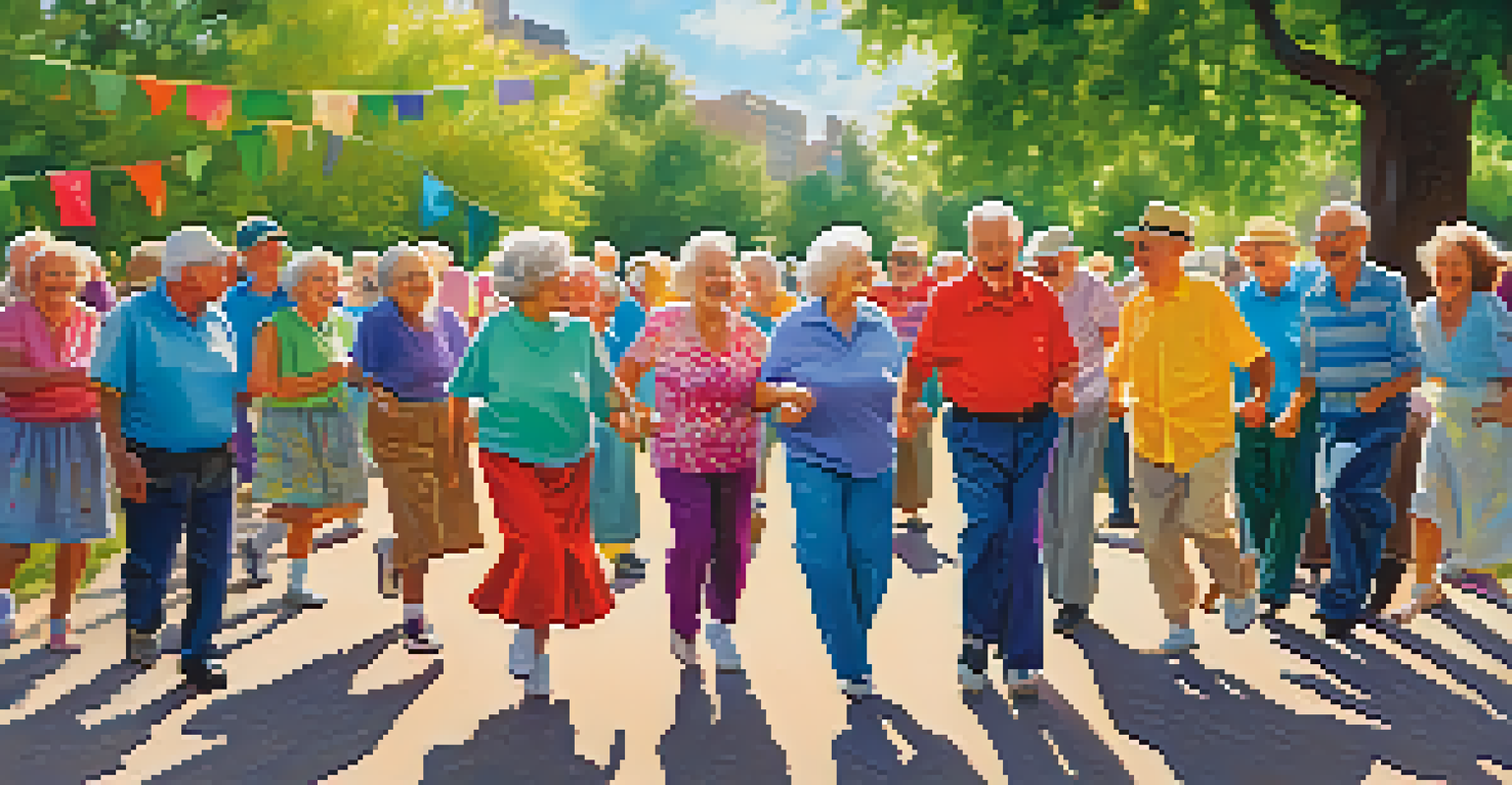 Seniors participating in a cheerful outdoor line dancing event in a park, surrounded by a community atmosphere and colorful decorations.