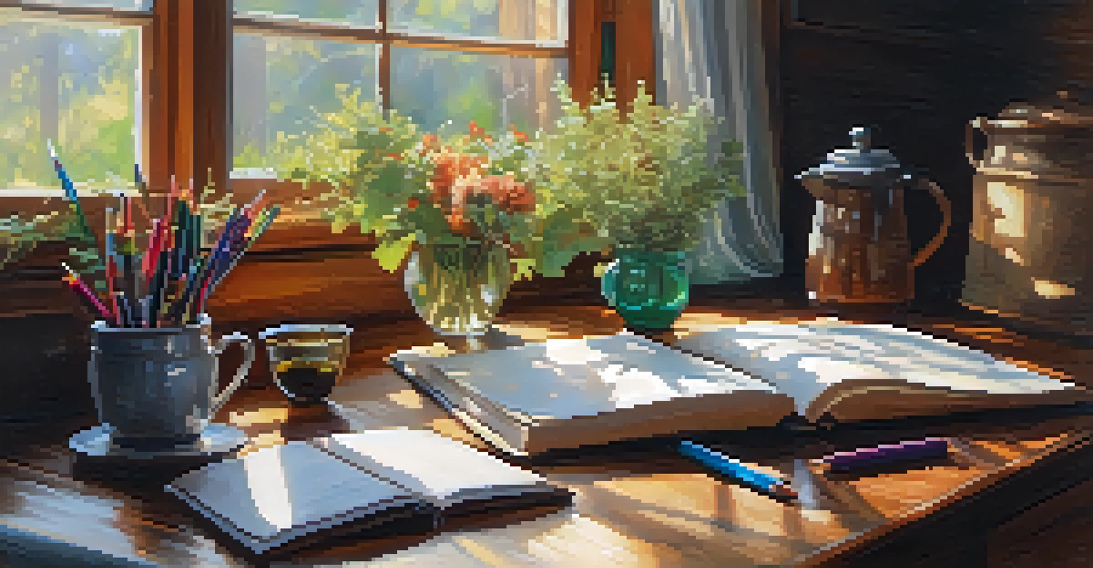 A person writing in a gratitude journal at a wooden table with a cup of tea, colorful pens, and warm sunlight streaming in from a window.