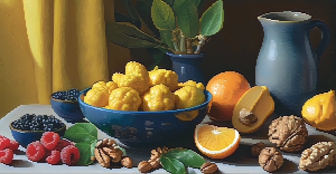 A still life display of anti-inflammatory foods including ginger, turmeric, mixed berries, and walnuts, illuminated by warm natural light.