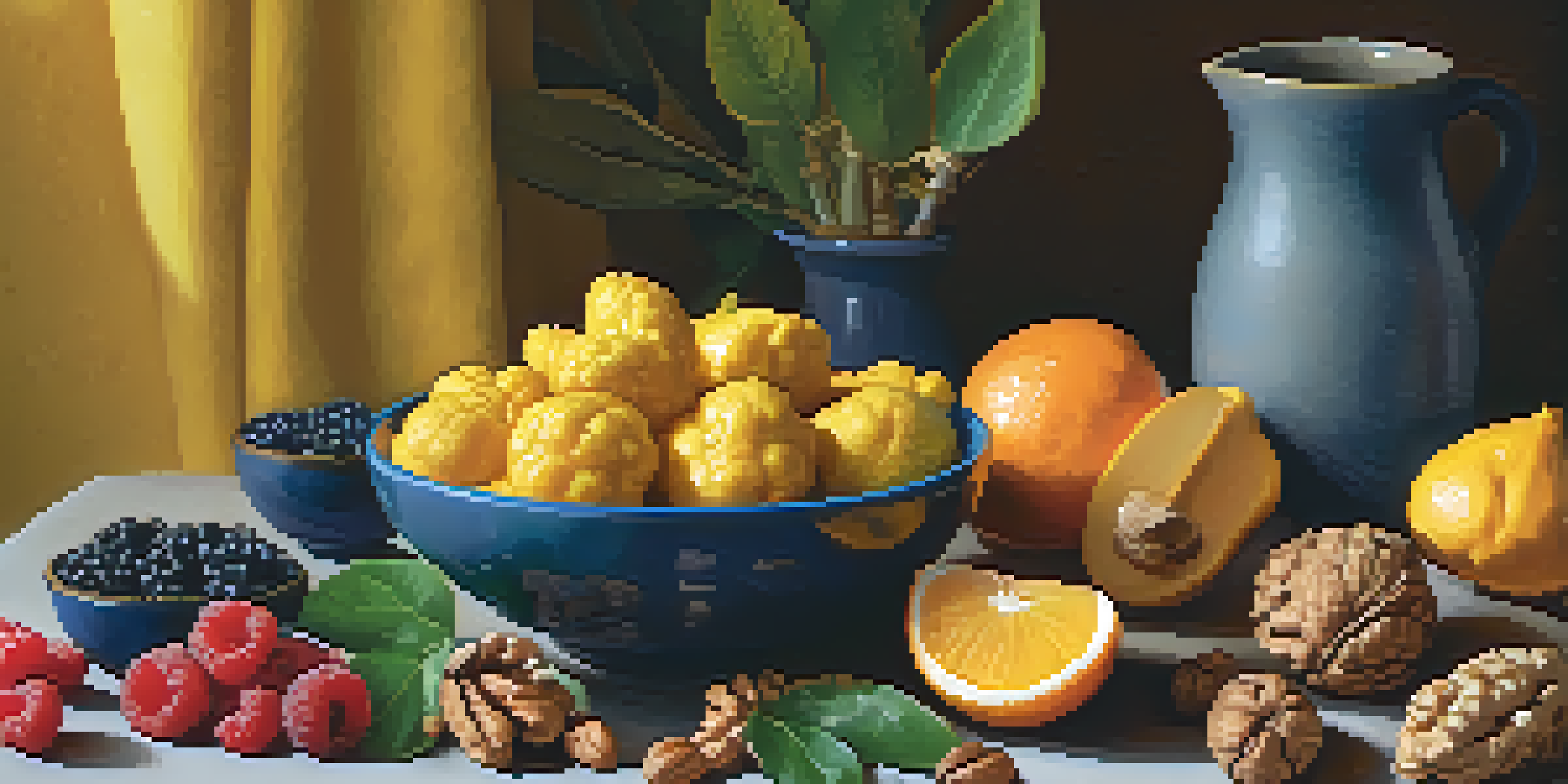 A still life display of anti-inflammatory foods including ginger, turmeric, mixed berries, and walnuts, illuminated by warm natural light.