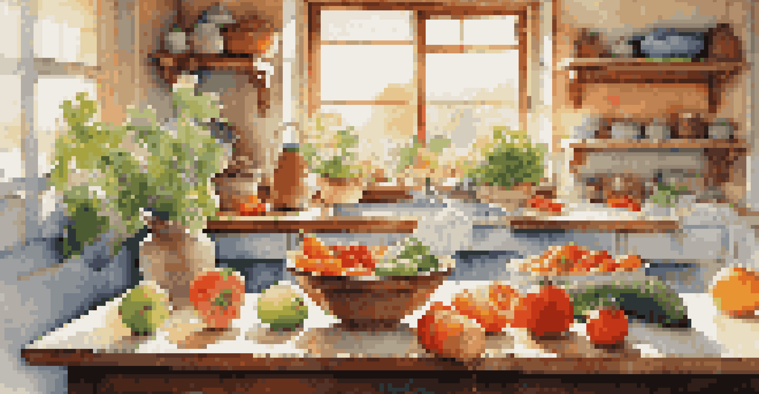 A cozy kitchen table displaying fresh fruits, vegetables, and fermented foods, illuminated by natural sunlight.