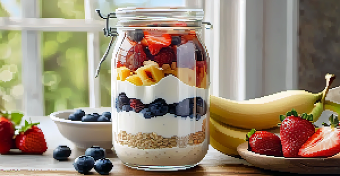 A jar of overnight oats with layers of yogurt, rolled oats, and colorful fresh fruits like strawberries and blueberries, placed on a wooden table in a bright kitchen.