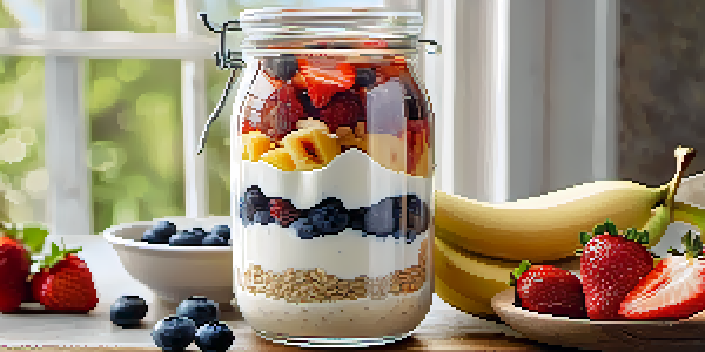 A jar of overnight oats with layers of yogurt, rolled oats, and colorful fresh fruits like strawberries and blueberries, placed on a wooden table in a bright kitchen.