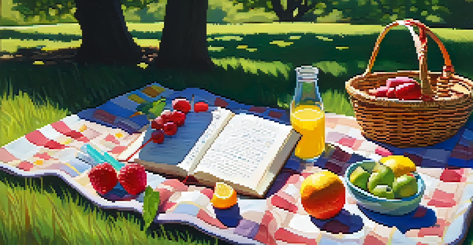 A peaceful outdoor scene with a picnic blanket, an open gratitude journal, fruits, and sunlight filtering through the trees.