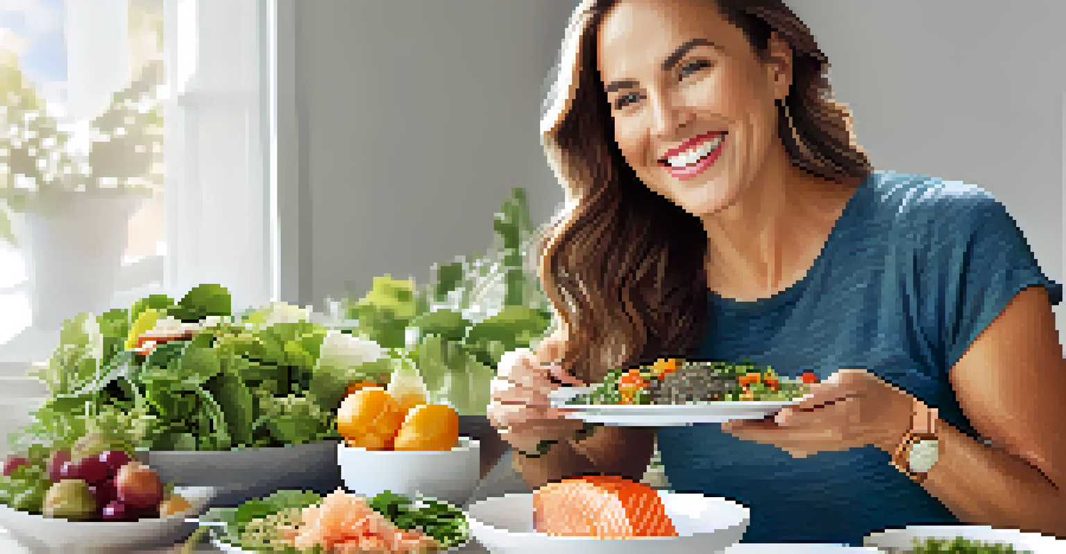 A middle-aged woman athlete enjoying a colorful meal of salmon, quinoa, and greens on a white table, smiling with satisfaction.