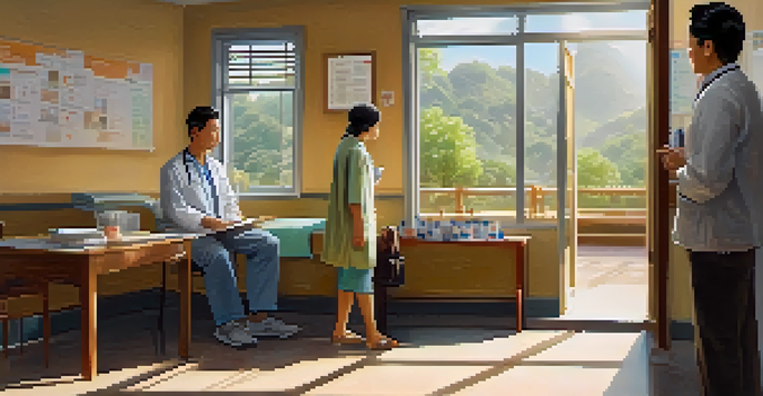 A doctor consulting a patient in a bright healthcare setting about travel health preparations.