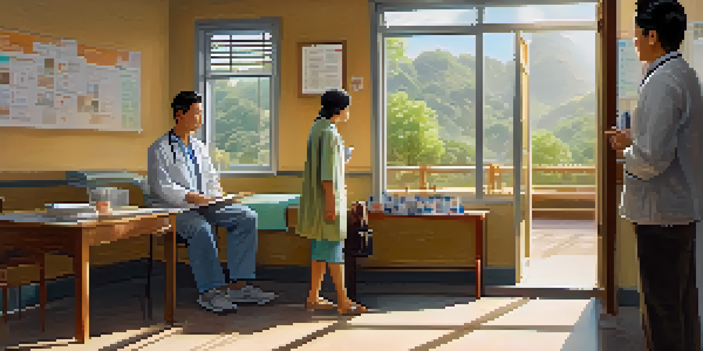 A doctor consulting a patient in a bright healthcare setting about travel health preparations.