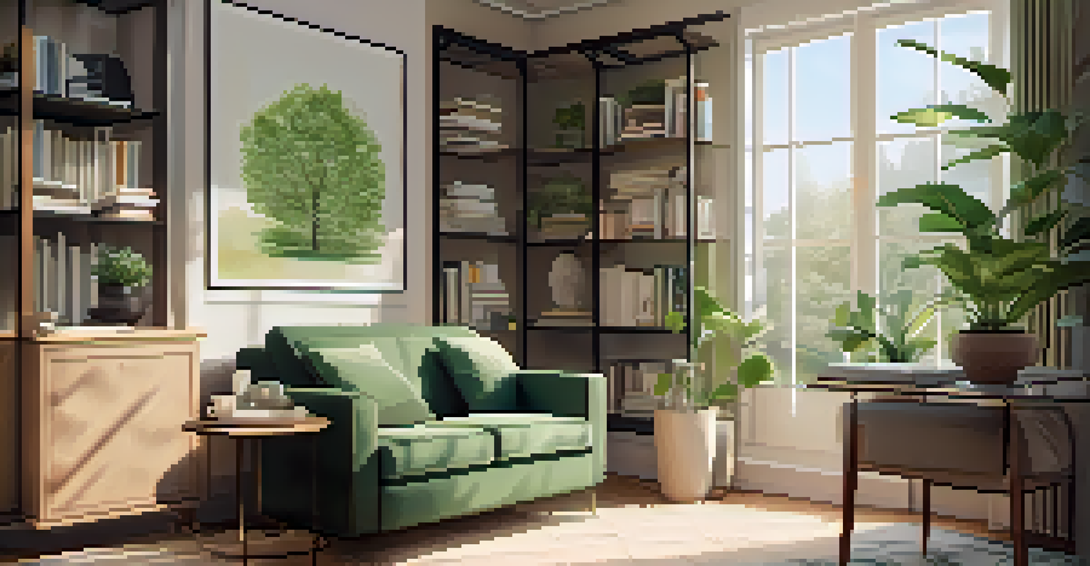 A wellness-focused office corner with an armchair, tea, and plants, bathed in natural light.
