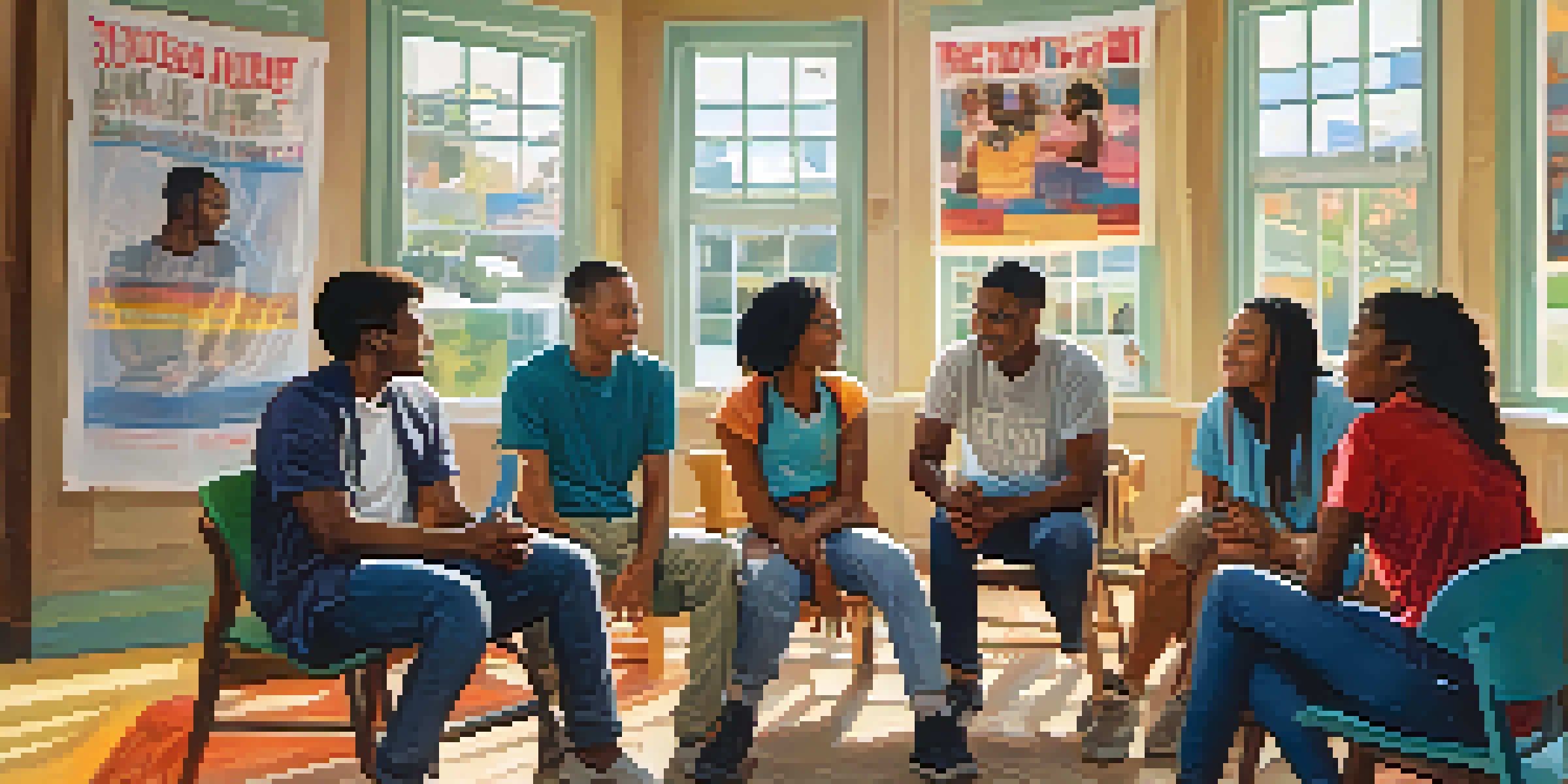 A diverse group of young advocates discussing health equity in a community center, with colorful posters and natural light.