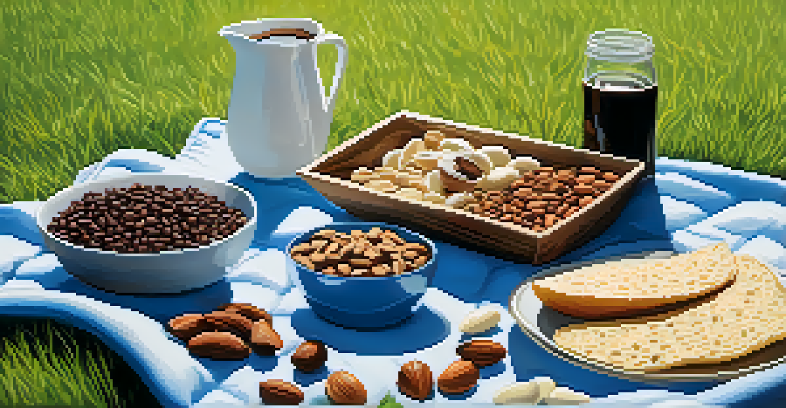A picnic blanket on green grass with healthy snacks like nuts and dark chocolate under a clear blue sky.