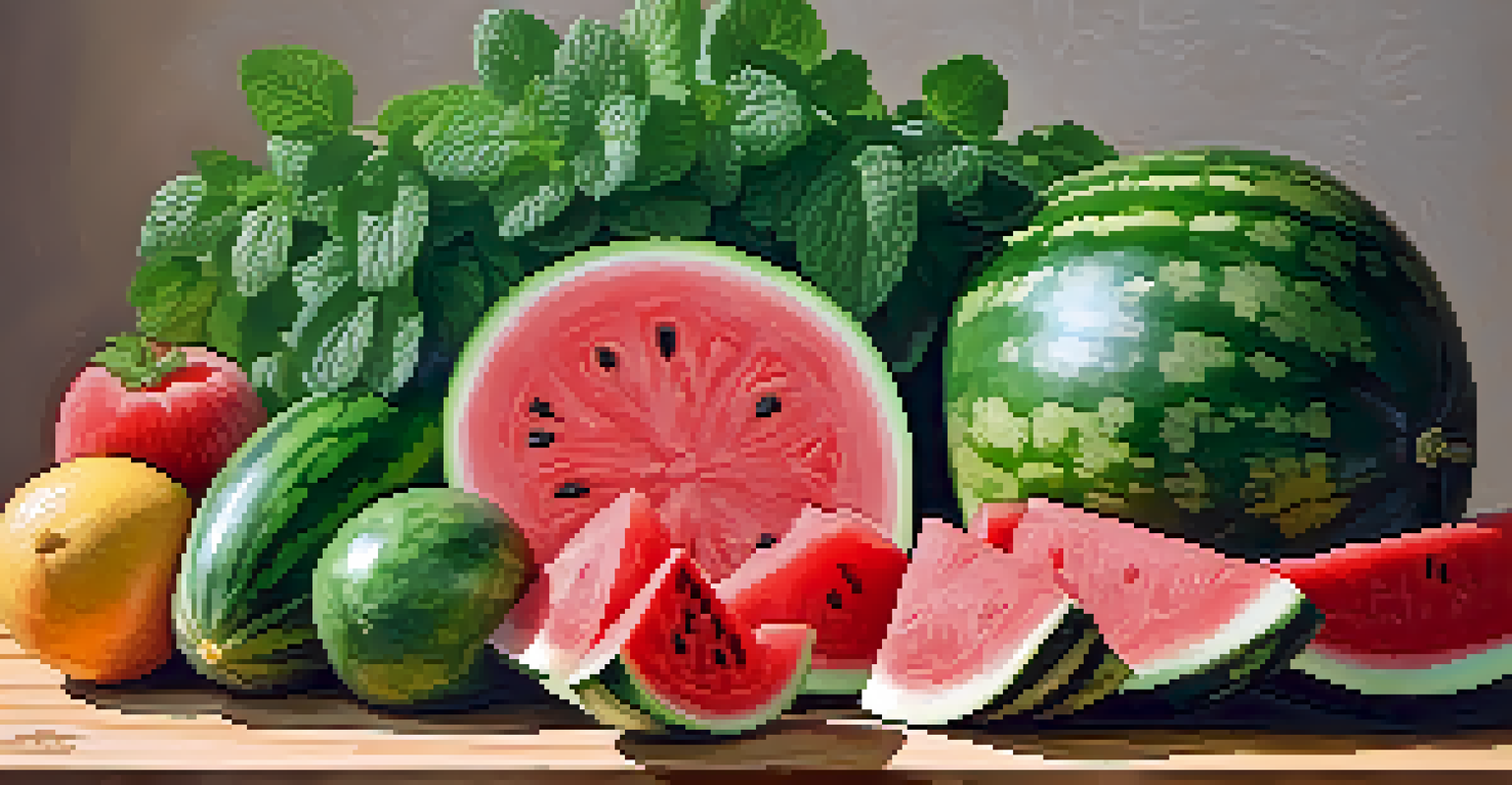 A colorful array of watermelon, cucumbers, and mint leaves on a wooden cutting board, illuminated by natural light.