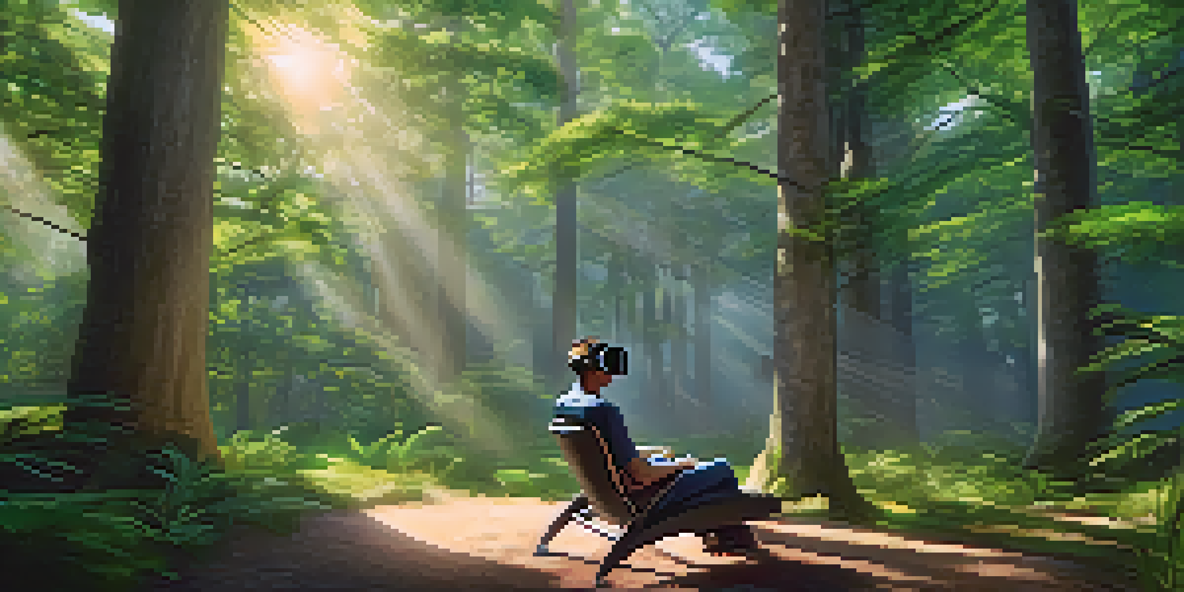 A person engaged in a virtual reality therapy session in a peaceful forest environment, wearing a VR headset and looking relaxed.