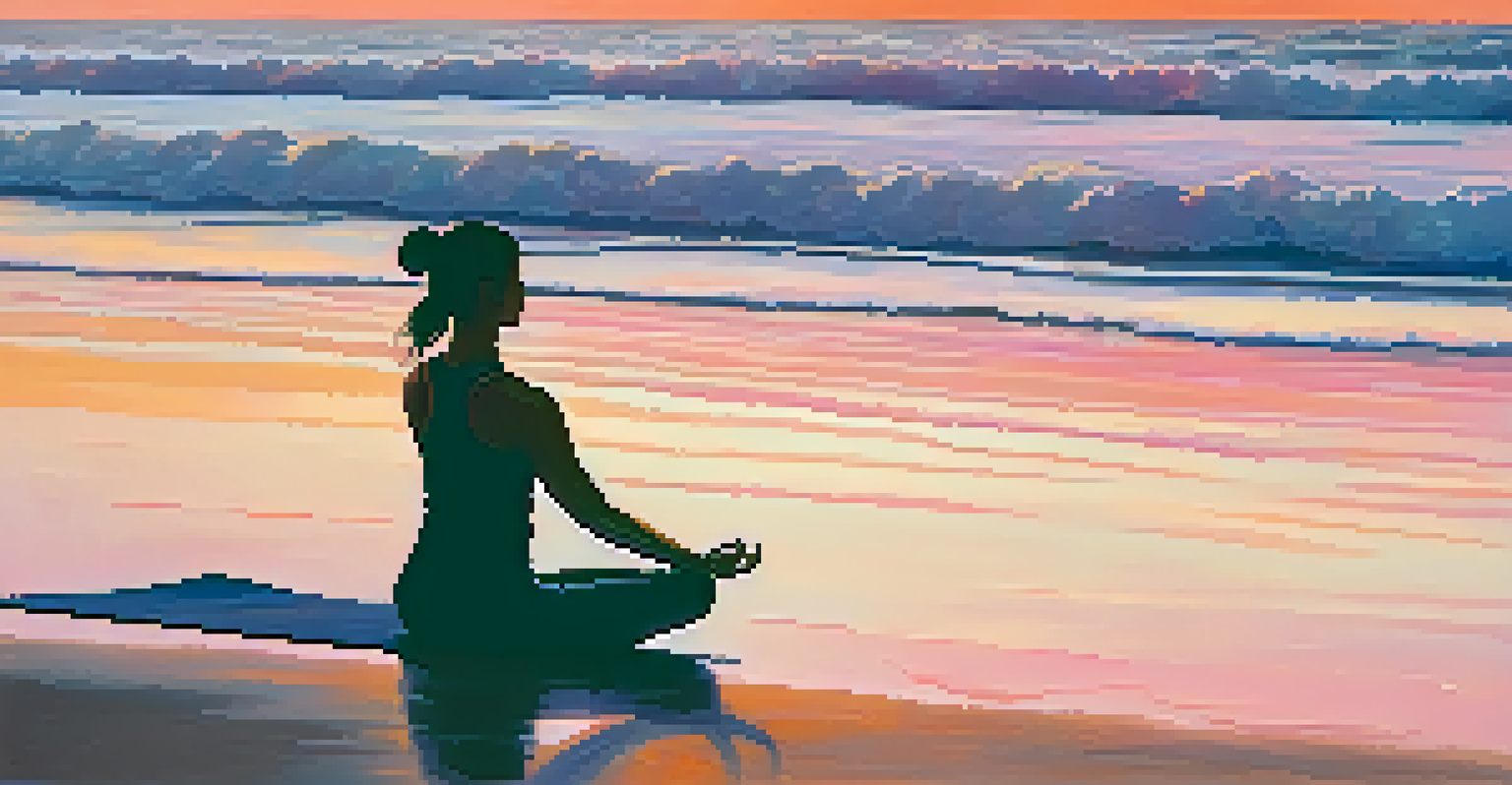 A person practicing yoga on a beach at sunset, silhouetted against a colorful sky with gentle waves in the foreground.