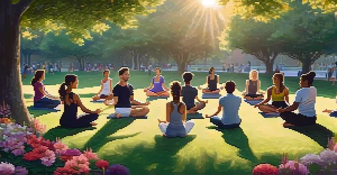 A diverse group of people practicing yoga in a peaceful park at sunrise, surrounded by greenery and colorful flowers.
