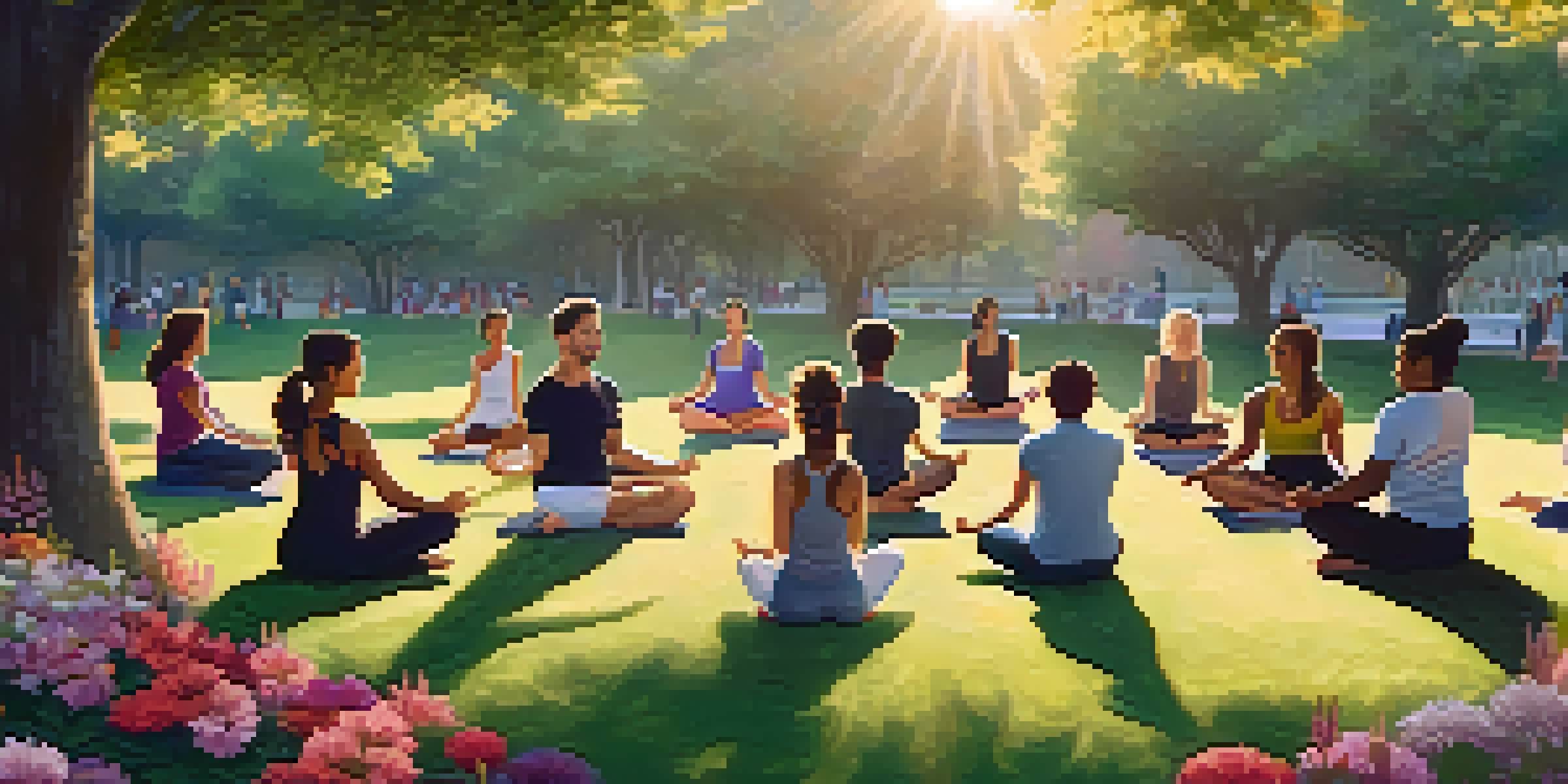 A diverse group of people practicing yoga in a peaceful park at sunrise, surrounded by greenery and colorful flowers.