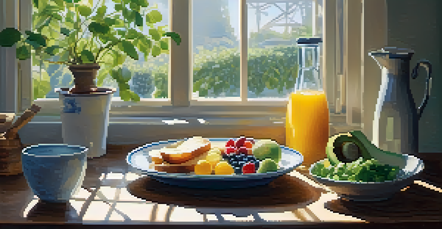 A bright kitchen table set with a healthy breakfast, including fruits, avocado toast, and fresh herbs.