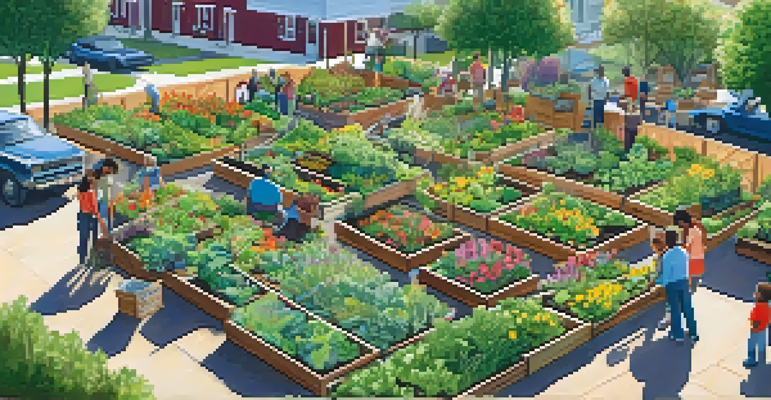 An aerial view of a community garden with diverse plants in organized raised beds and people actively gardening.