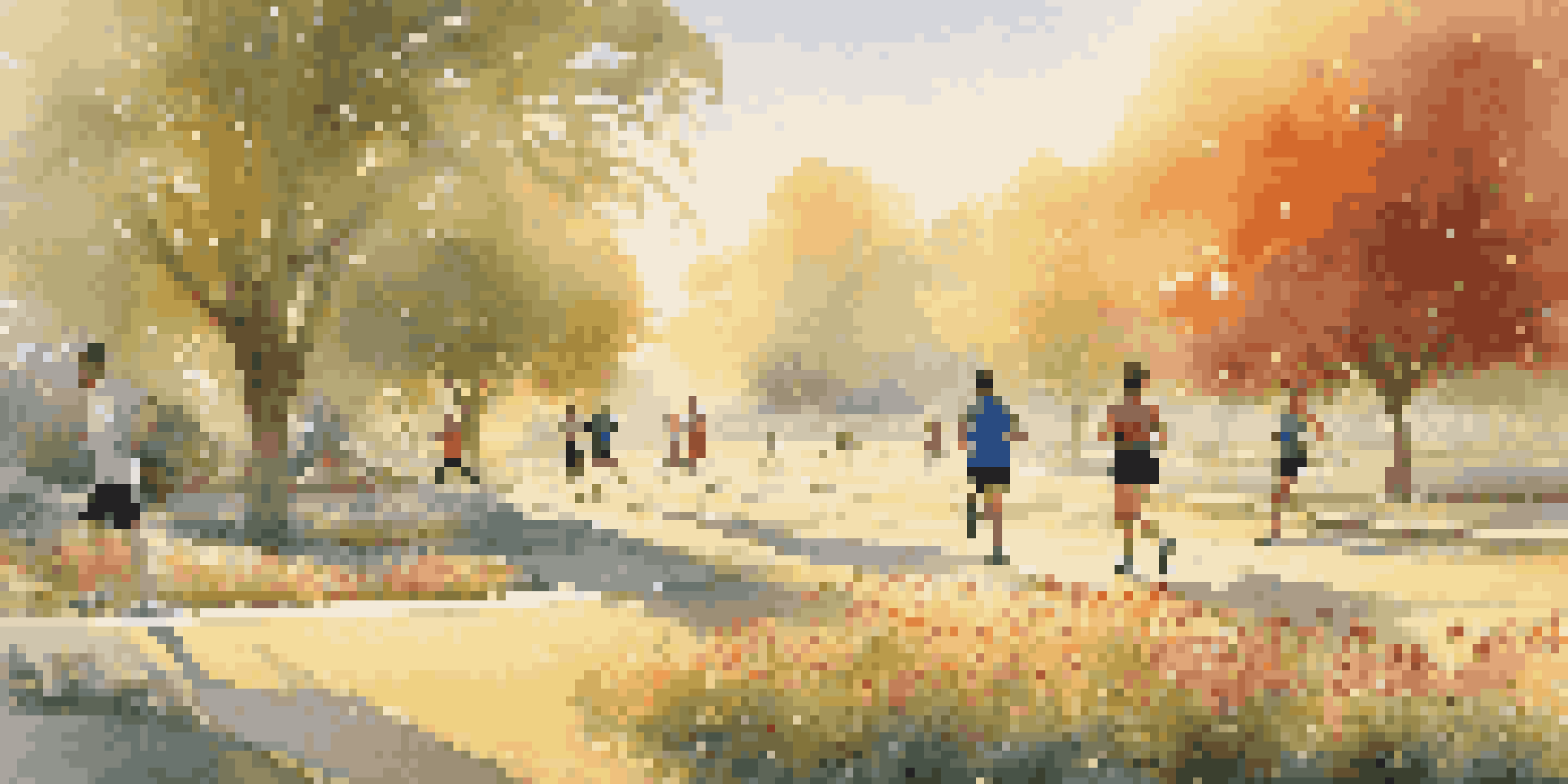 A peaceful park at sunrise with people of different backgrounds exercising, including jogging and yoga, surrounded by blooming flowers.