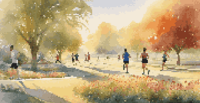 A peaceful park at sunrise with people of different backgrounds exercising, including jogging and yoga, surrounded by blooming flowers.