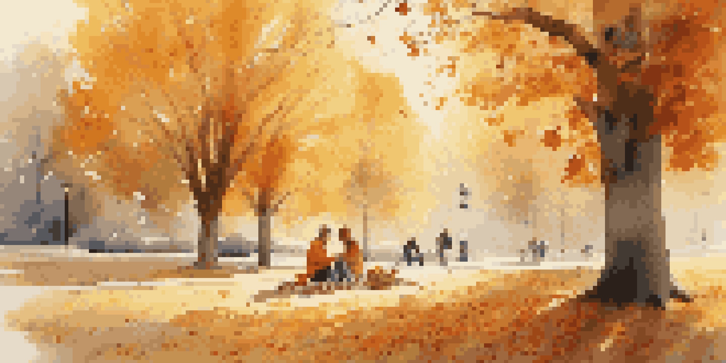 An autumn park scene featuring colorful leaves, a picnic blanket, and a couple sharing a meal together in soft sunlight.
