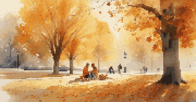 An autumn park scene featuring colorful leaves, a picnic blanket, and a couple sharing a meal together in soft sunlight.
