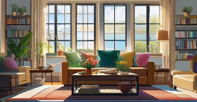 A cozy family living room filled with sunlight, featuring a couch, coffee table, and family photos on the walls.