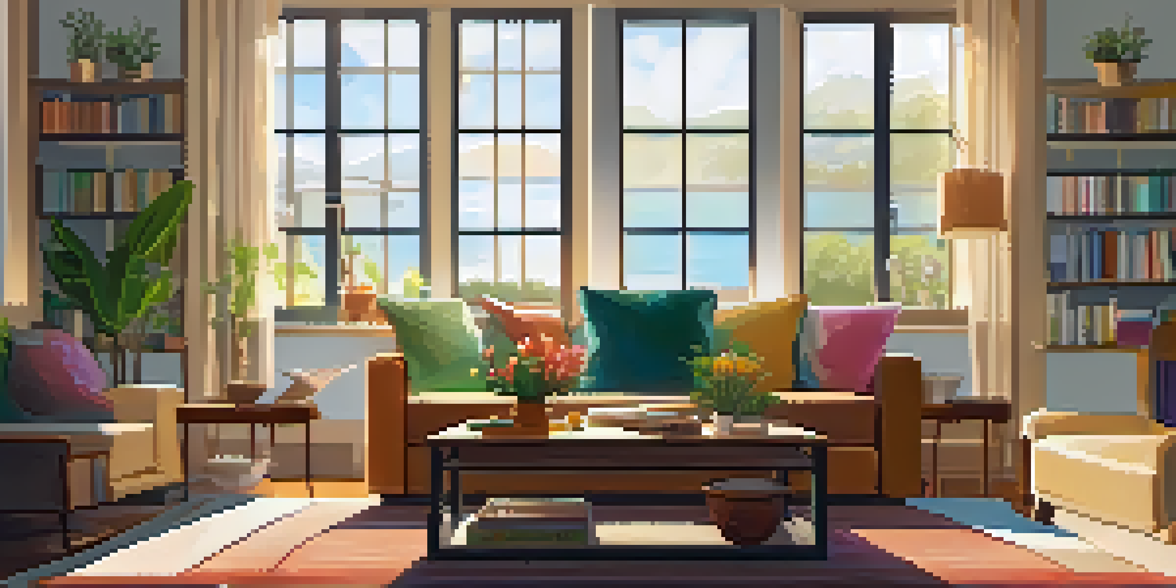 A cozy family living room filled with sunlight, featuring a couch, coffee table, and family photos on the walls.