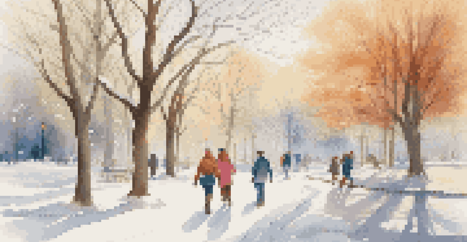 A group of friends walking together in a snowy park during winter, dressed in colorful winter clothing and enjoying each other's company.