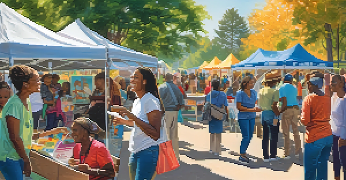 A lively outdoor health fair with women from different backgrounds participating in health activities and workshops.