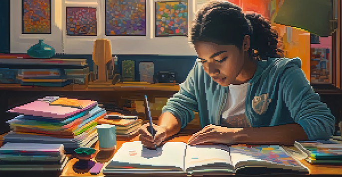 A student engaged in mindful journaling at a desk filled with art supplies, illuminated by warm light.